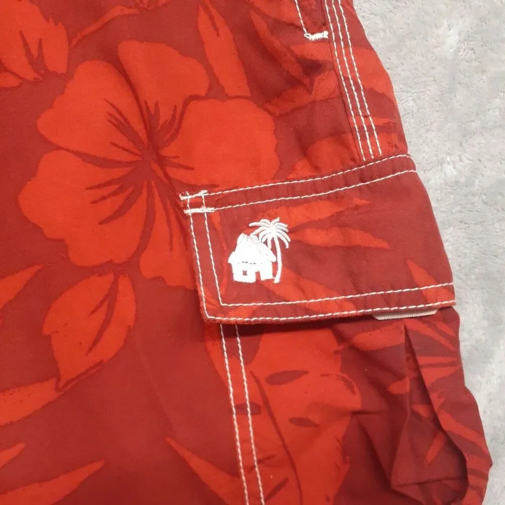 Caribbean Joe Mens Sz XL Red Swim Trunks Shorts Leaf Print Pockets Mesh Brief